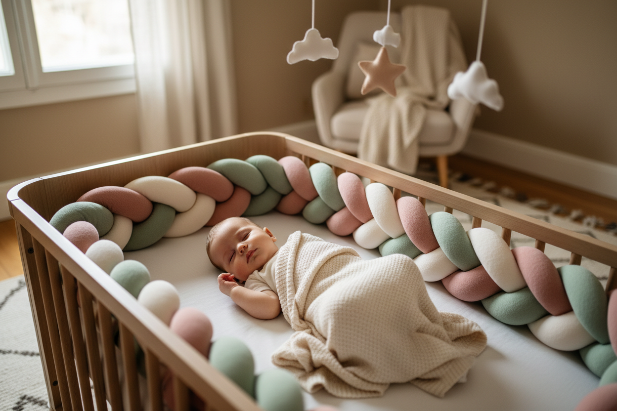 bébé qui dort dans sa couchette avec une tresse de lit